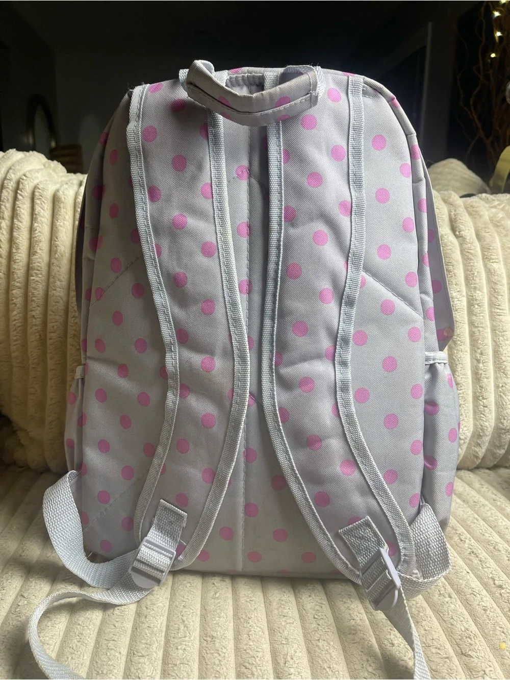 No Boundaries Women's Dome Backpack Gray Pink Polka Dot School Bag